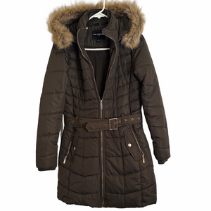 NWOT Karl Lagerfeld Women's Brown Puffer Coat with removable Faux Fur Hood Sz SM